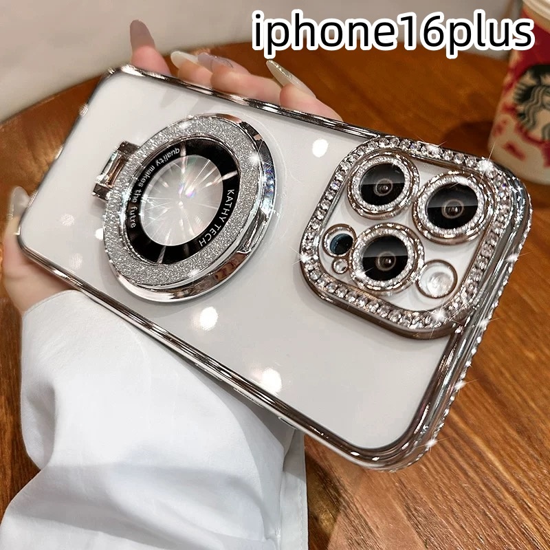 立立　iphone16plusケース カーバー スタンド付き　透明　お洒落　韓国　軽量 ケース 耐衝撃 高品質　シルバーW2