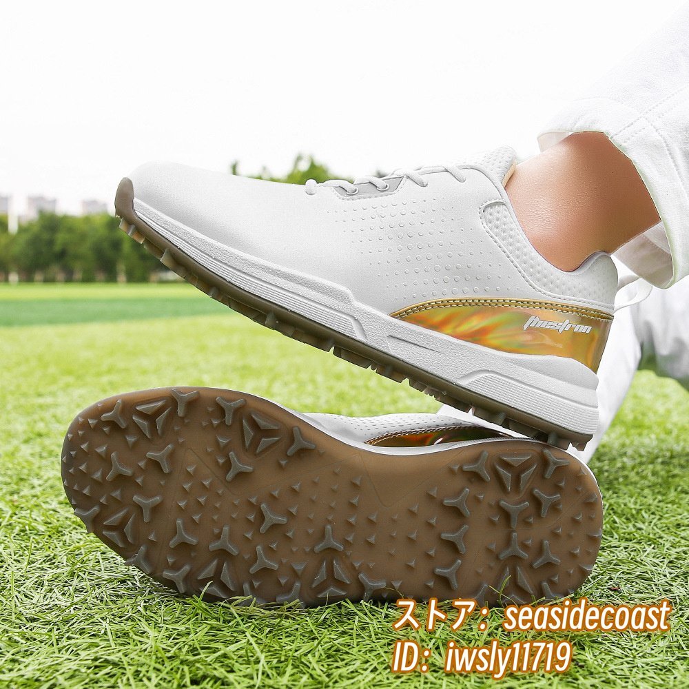 絶賛★ゴルフシューズ メンズ 運(yùn)動(dòng)靴 スポーツ 通気性 スニーカー 防水 防滑 ウォーキング 快適 幅広 弾力性 フィット感 白/金 28.0cm