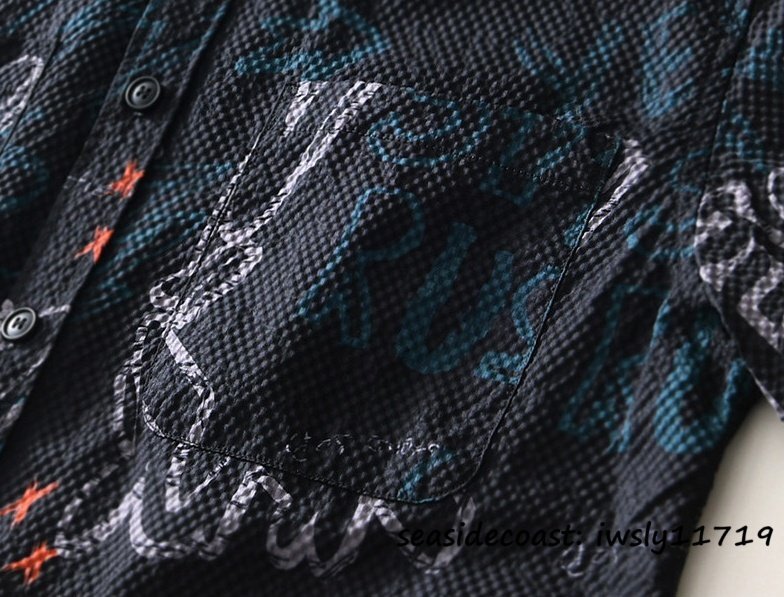 半袖シャツ 夏新品 メンズシャツ アロハシャツ 総柄 英字柄 Tシャツ ワークシャツ 微ストレッチ 爽やか 心地良し カジュアル ブラック M