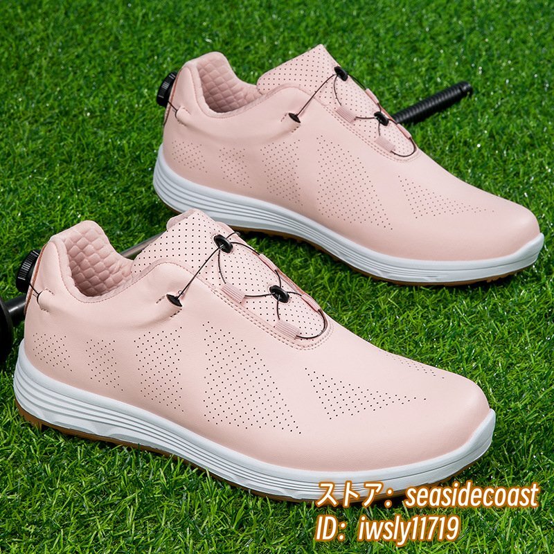 高級品◆GOLF靴 ゴルフシューズ 男女 スニーカー メンズ 運動靴 快適 防水 スポーツシューズ 耐久性 4E 幅広 カジュアル ピンク 24.5cm