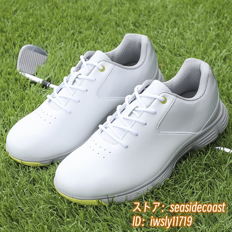 超希少 ゴルフシューズ 新品 スポーツシューズ 強いグリップ ソフトスパイク 運動靴グラデーション 幅広 スニーカー 防滑撥水 白/黃 24.5cm