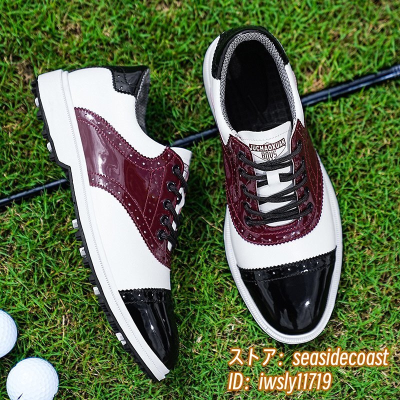 新品◆ゴルフシューズ スポーツシューズ メンズ 高級(jí)品 ソフトスパイク イギリス風(fēng) フィット感 防水 防滑 スニーカー 紳士靴 白*赤 25.5cm