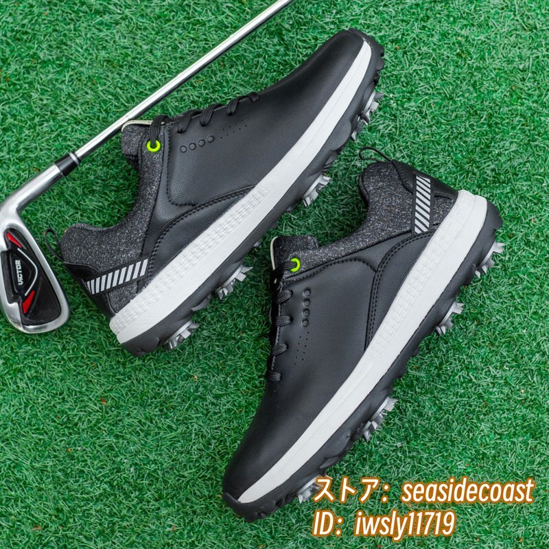 ゴルフシューズ メンズ ソフトスパイク 強(qiáng)いグリップ 4E 運(yùn)動(dòng)靴 新品 スポーツシューズ 軽量 フィット感 弾力性 防水 防滑 耐磨 黒 27.0cm