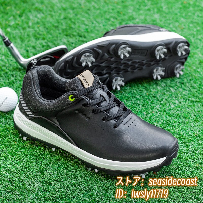 ゴルフシューズ メンズ ソフトスパイク 強(qiáng)いグリップ 4E 運(yùn)動(dòng)靴 新品 スポーツシューズ 軽量 フィット感 弾力性 防水 防滑 耐磨 黒 27.0cm