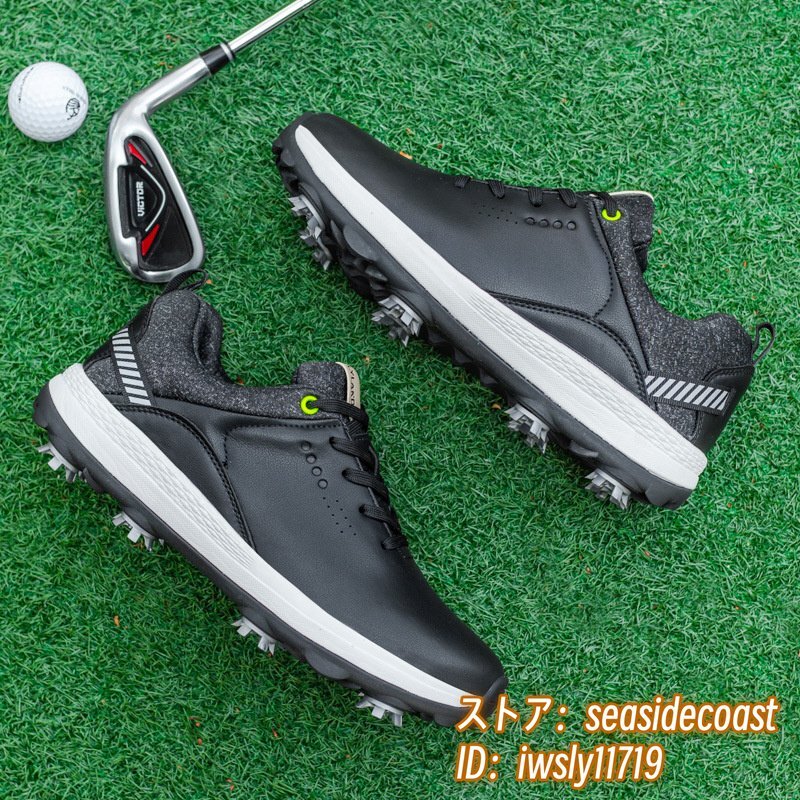 ゴルフシューズ メンズ ソフトスパイク 強(qiáng)いグリップ 4E 運(yùn)動(dòng)靴 新品 スポーツシューズ 軽量 フィット感 弾力性 防水 防滑 耐磨 黒 27.0cm