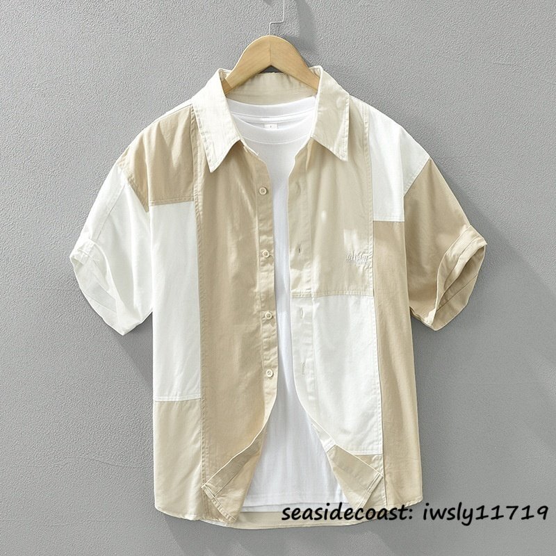夏新品◆半袖シャツメンズシャツ サマーシャツ 切替 Tシャツ 配色 カジュアル 清涼感 涼しい 爽やか 心地良し 紳士服 快適 ベージュ M