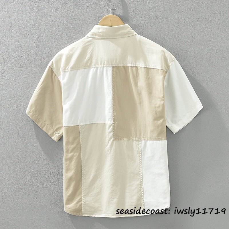 夏新品◆半袖シャツメンズシャツ サマーシャツ 切替 Tシャツ 配色 カジュアル 清涼感 涼しい 爽やか 心地良し 紳士服 快適 ベージュ M