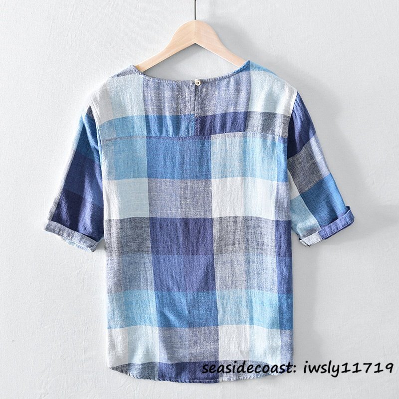 新品★メンズシャツ 半袖シャツ リネンシャツ Tシャツ 丸首 チェック柄 夏 summer 綿麻シャツ サマー 心地良し カジュアル グリーン M