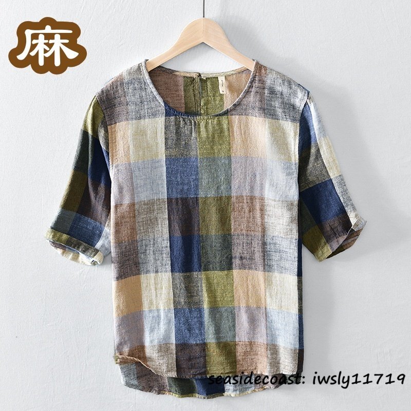新品★メンズシャツ 半袖シャツ リネンシャツ Tシャツ 丸首 チェック柄 夏 summer 綿麻シャツ サマー 心地良し カジュアル グリーン M