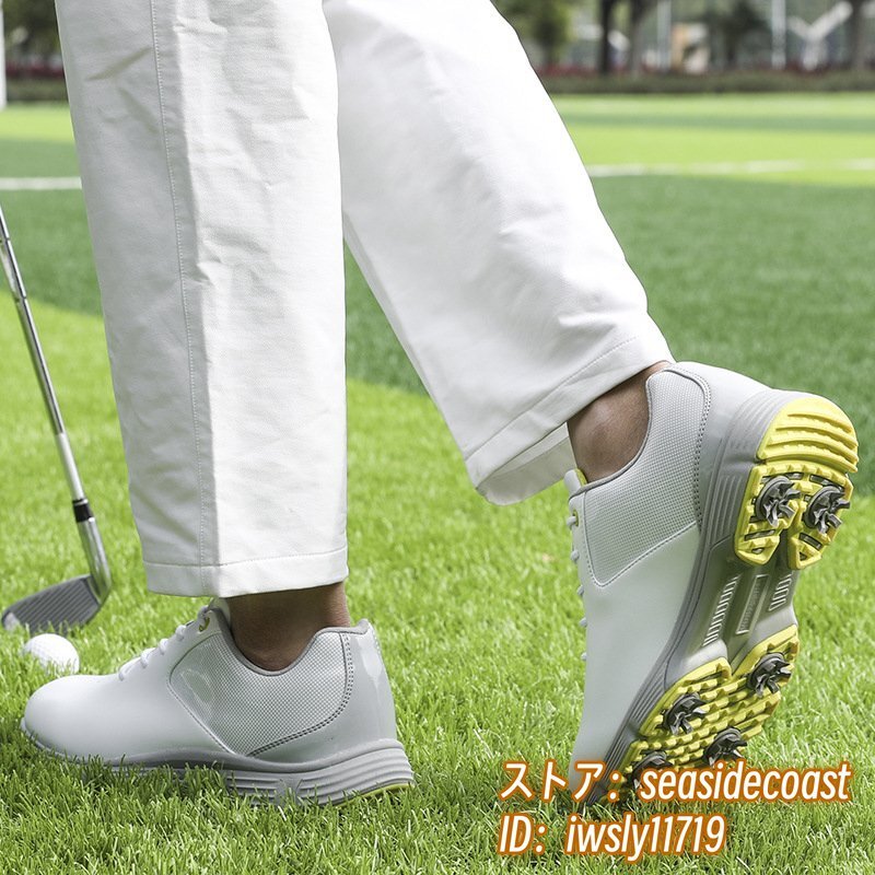 超希少 ゴルフシューズ 新品 スポーツシューズ 強いグリップ ソフトスパイク 運動靴グラデーション 幅広 スニーカー 防滑撥水 白/黃 28.0cm