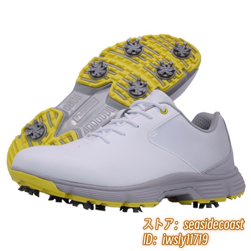 超希少 ゴルフシューズ 新品 スポーツシューズ 強いグリップ ソフトスパイク 運動靴グラデーション 幅広 スニーカー 防滑撥水 白/黃 28.0cm