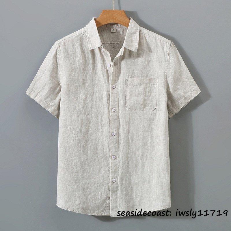 夏新品 リネンシャツ メンズ 麻100% 無(wú)地 半袖シャツ ビジネス 開(kāi)襟シャツ リネン サマーシャツ 麻 カジュアル 心地良し 快適 ベージュ M