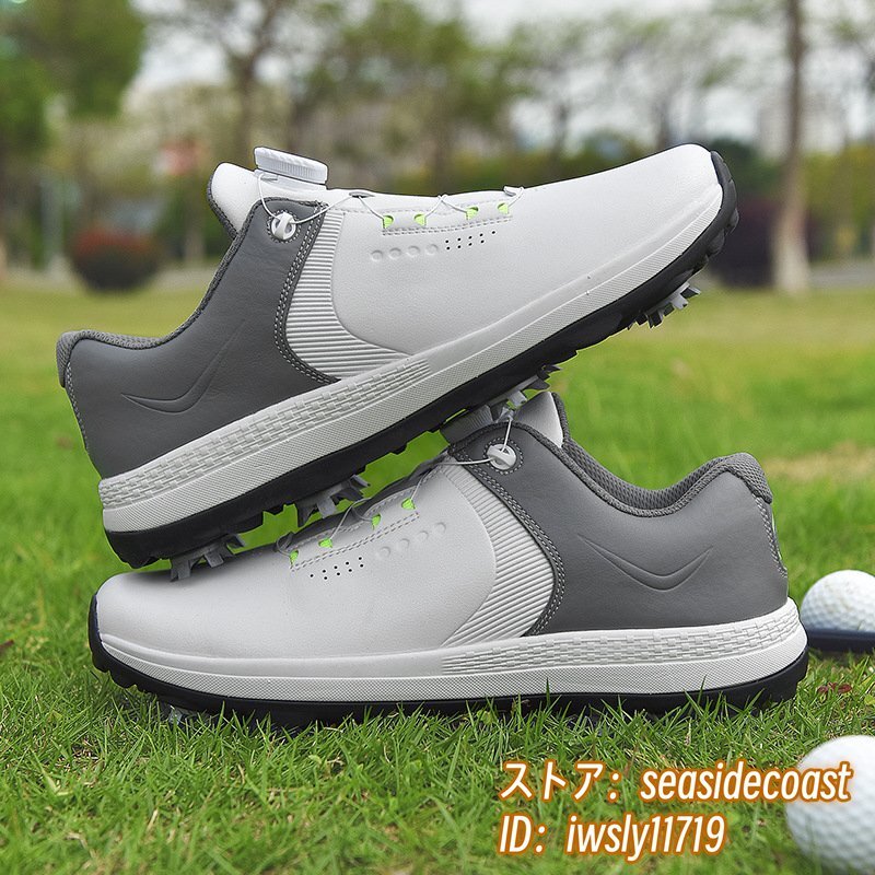 高級(jí)品 ゴルフシューズ 強(qiáng)いグリップ ソフトスパイク 運(yùn)動(dòng)靴 フィット感 軽量スポーツシューズ 新品 弾力性 通気性 防滑 耐磨 白/灰 27.0cm