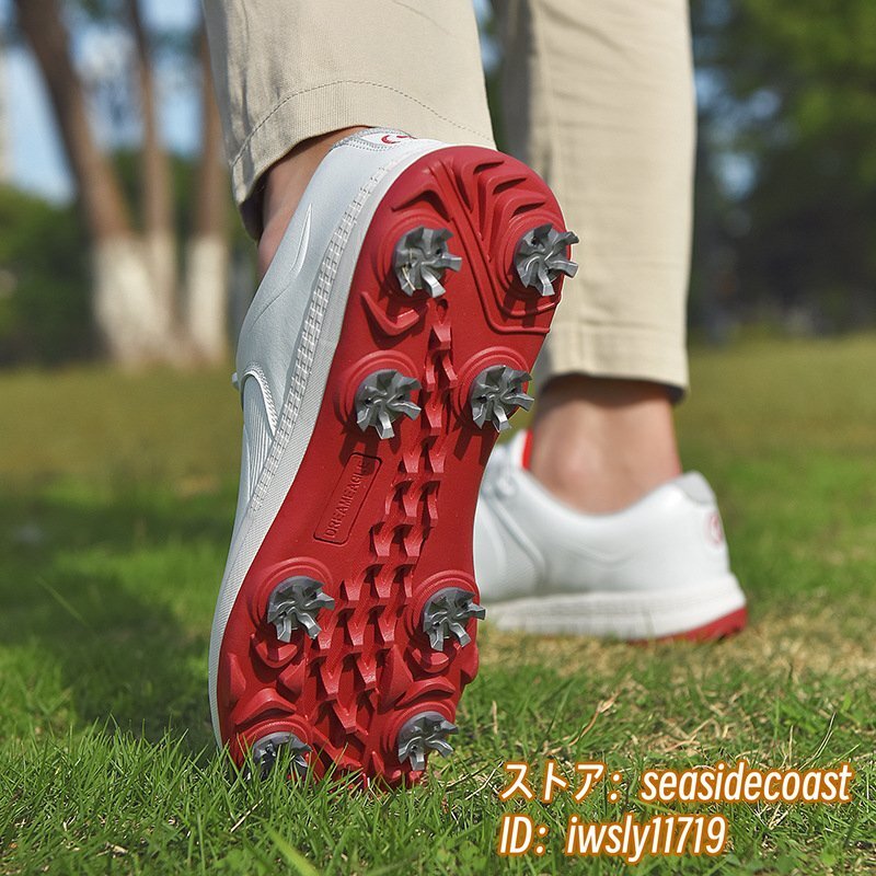 高級(jí)品 ゴルフシューズ 強(qiáng)いグリップ ソフトスパイク 運(yùn)動(dòng)靴 フィット感 軽量スポーツシューズ 新品 弾力性 通気性 防滑 耐磨 白/赤 26.5cm