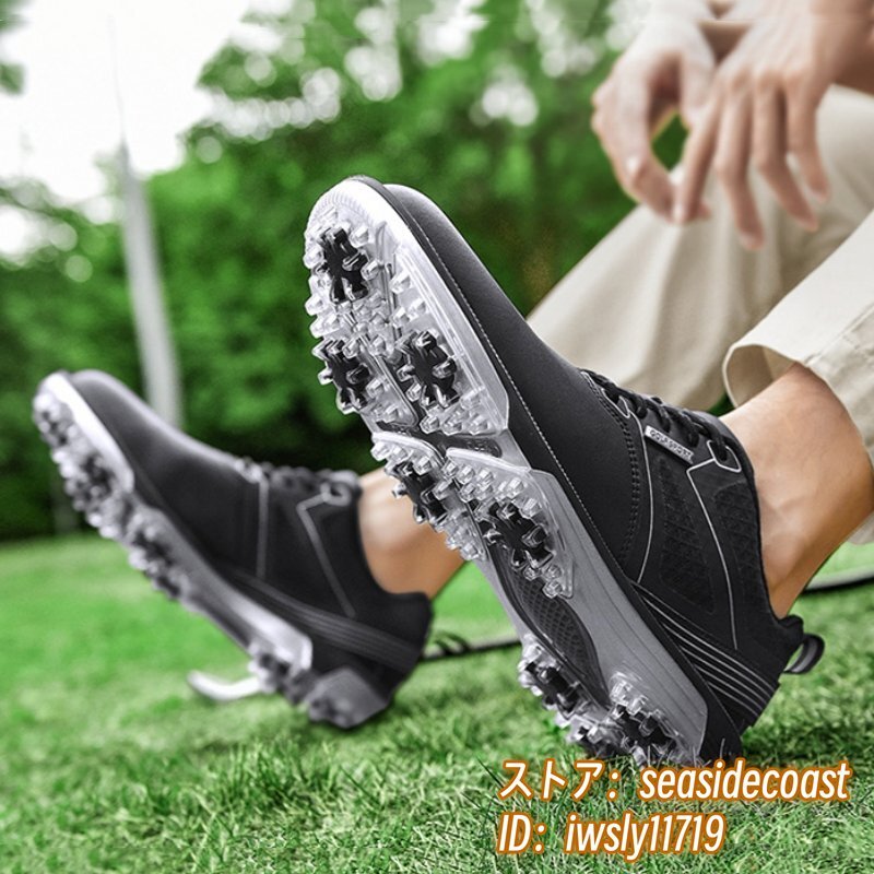 高級(jí)品 メンズ ゴルフシューズ 運(yùn)動(dòng)靴 フィット感 スポーツシューズ スパイク 強(qiáng)いグリップ 軽量 弾力性 通気性 防滑耐磨 撥水 黒 27.0cm