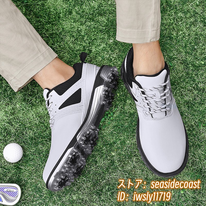 高級品 メンズ ゴルフシューズ 運動靴 フィット感 スポーツシューズ スパイク 強いグリップ 軽量 弾力性 通気性 防滑耐磨 撥水 白 27.0cm