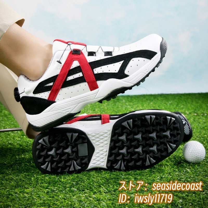 最高級(jí) ゴルフシューズ 新品 メンズ ダイヤル式 運(yùn)動(dòng)靴 牛革 スポーツシューズ 幅広いフィット感 軽量 防水 防滑 耐磨 弾力性 白/赤 27.0cm