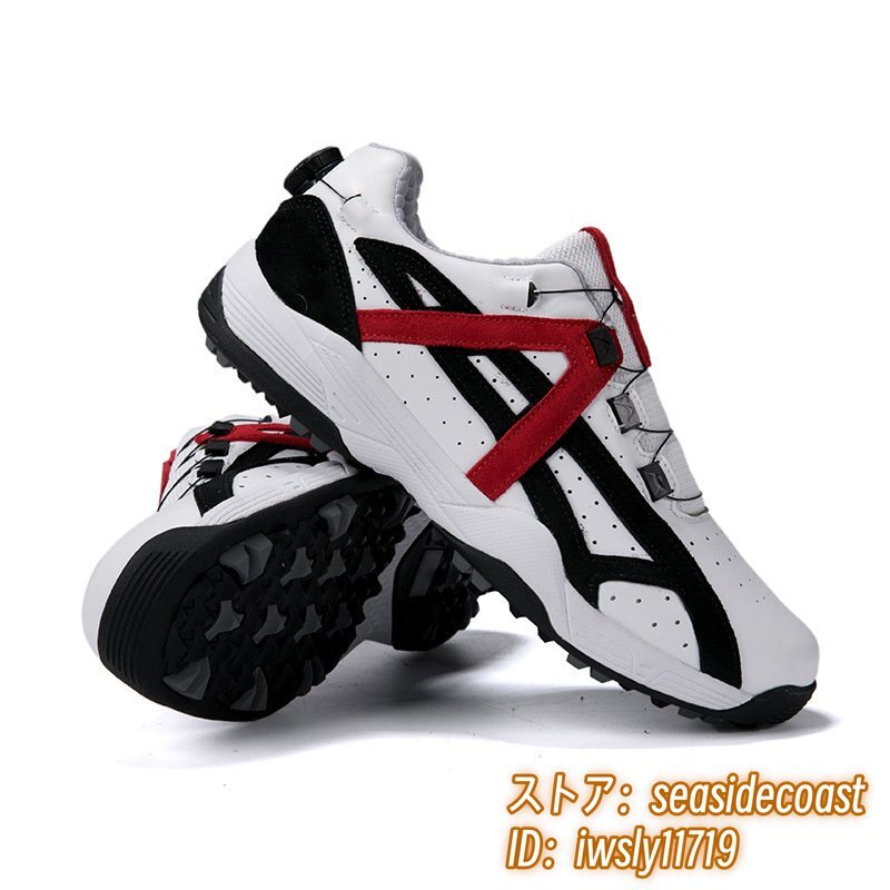 最高級(jí) ゴルフシューズ 新品 メンズ ダイヤル式 運(yùn)動(dòng)靴 牛革 スポーツシューズ 幅広いフィット感 軽量 防水 防滑 耐磨 弾力性 白/赤 27.0cm