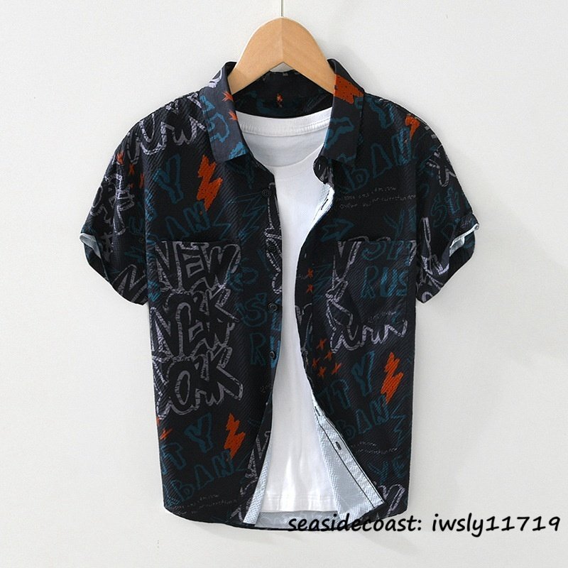 半袖シャツ 夏新品 メンズシャツ アロハシャツ 総柄 英字柄 Tシャツ ワークシャツ 微ストレッチ 爽やか 心地良し カジュアル ブラック M