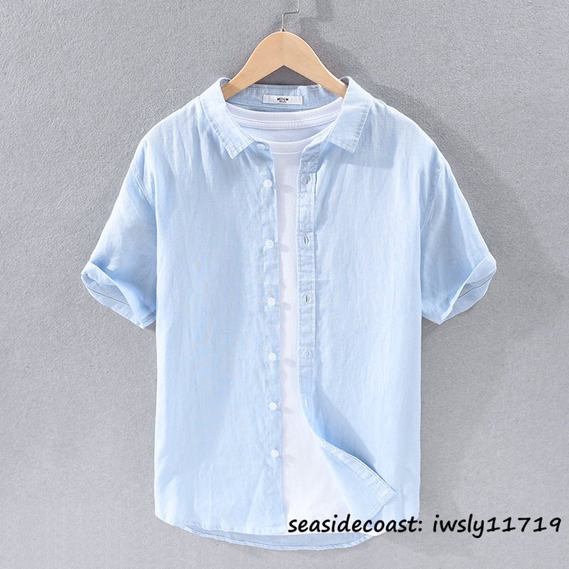 半袖シャツ■新品 メンズ ワイシャツ リネンシャツ 亜麻100% 夏 サマー 清涼感 心地良し 麻シャツ 無(wú)地 カジュアル 六色選択 ブルー M