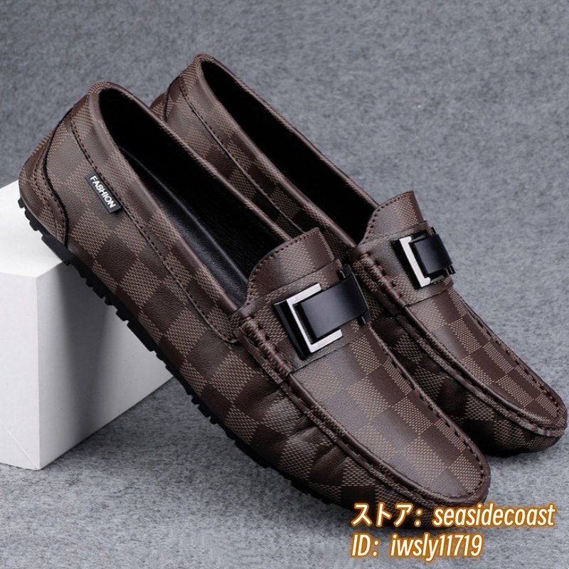 新品■ドライビングシューズ メンズ 本革 チェック柄 スリッポン ローファー レザーシューズ 牛革 紳士靴 カジュアル 快適 ブラウン 24.5cm