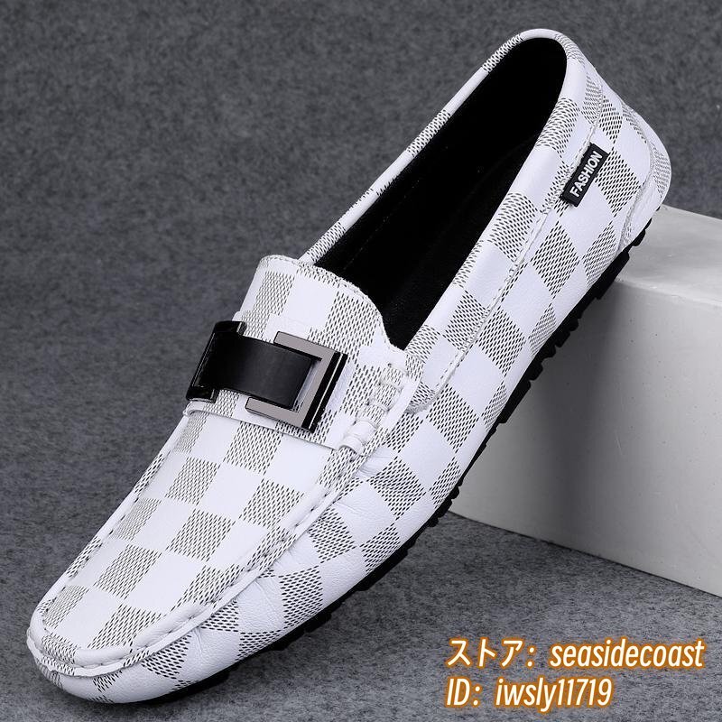 新品■ドライビングシューズ メンズ 本革 チェック柄 スリッポン ローファー レザーシューズ 牛革 紳士靴 カジュアル 快適 ホワイト 24.5cm