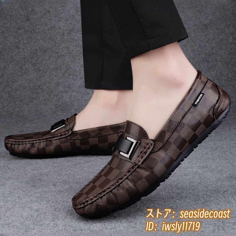 新品■ドライビングシューズ メンズ 本革 チェック柄 スリッポン ローファー レザーシューズ 牛革 紳士靴 カジュアル 快適 ブラウン 24.5cm