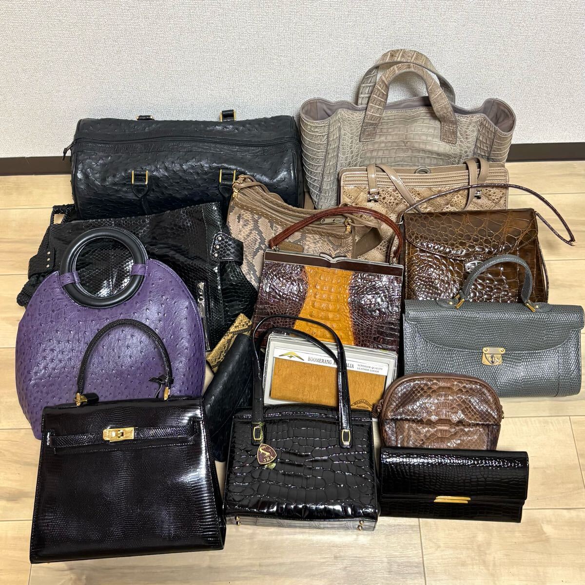 1円 エキゾチックレザー まとめ 大量 売り切り 中古品 ジャンク品 オーストリッチ クロコダイル パイソン レザー ハンドバッグ かばん
