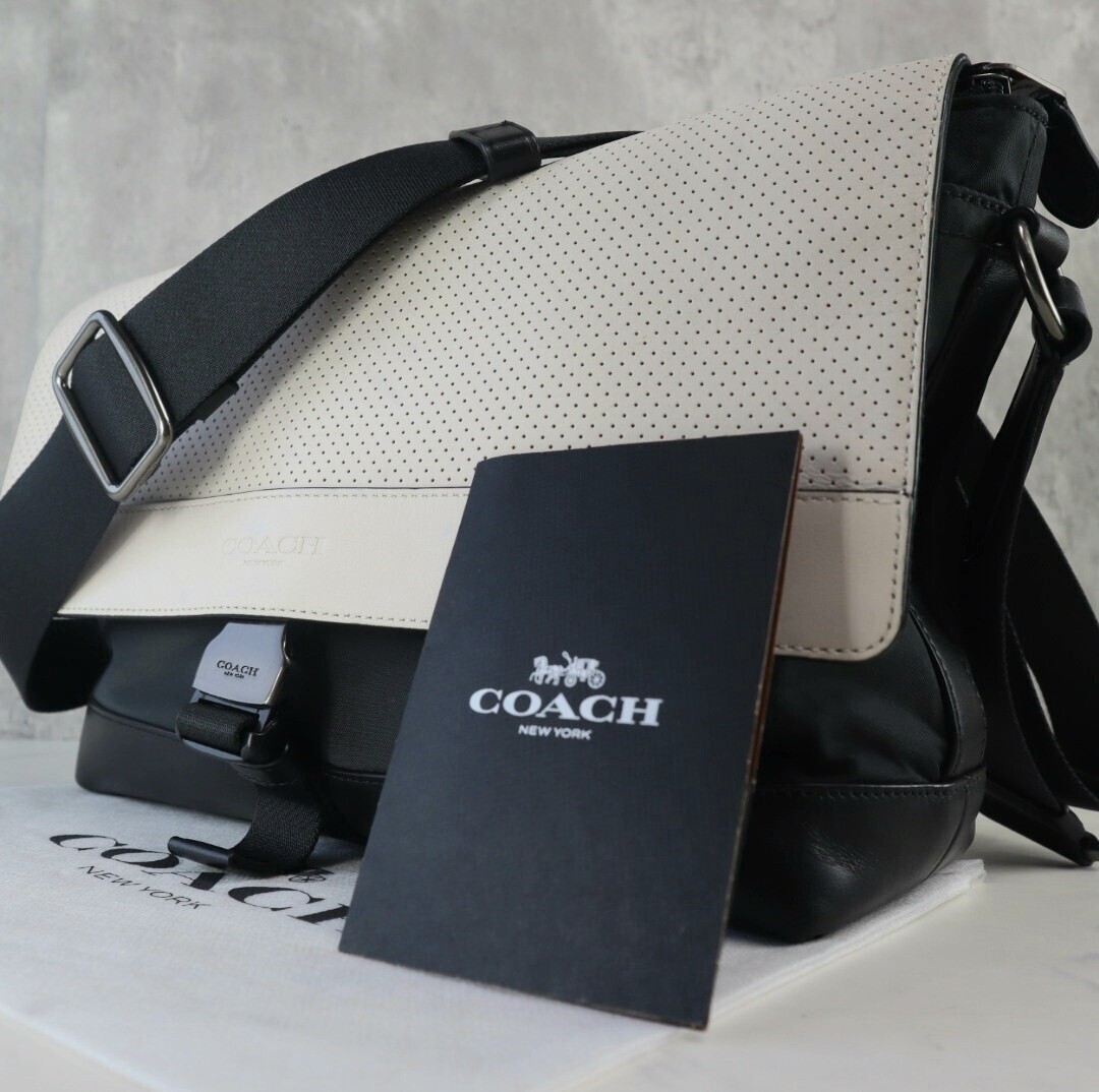  редкий близко год модели превосходный товар Coach COACH мужской мотоцикл сумка te дождь сумка "почтальонка" плечо наклонный .. кожа неотбеленная ткань чёрный бизнес 