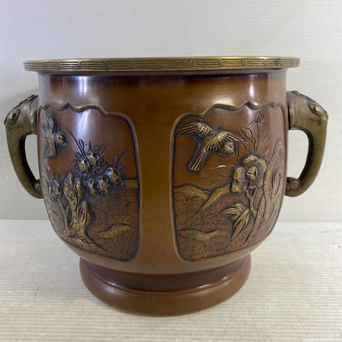 銅制 古銅 火鉢 高さ約23cm 直徑26cm 手あぶり 茶道具 手炙り 瓶掛 骨董 レトロ 和風(fēng) インテリア 置物 時代物