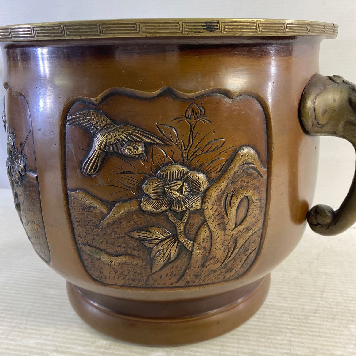 銅制 古銅 火鉢 高さ約23cm 直徑26cm 手あぶり 茶道具 手炙り 瓶掛 骨董 レトロ 和風(fēng) インテリア 置物 時代物