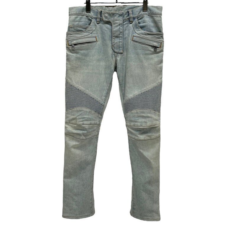 BALMAIN HOMME 【men4822I】 アイスブルーストレッチデニムバイカーパンツ 蛇腹 ボトムス ジーンズ S6HT551D204V バルマン オム メンズ AR