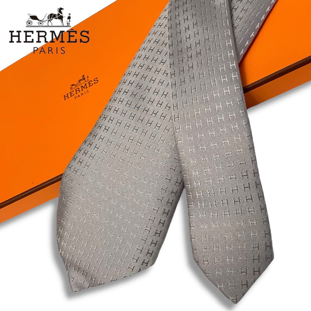 ゆう HERMES ネクタイ ファソネ H柄 H織 グレー 正規品 HERMES エルメス H織りシルクタイ H柄 シルク100