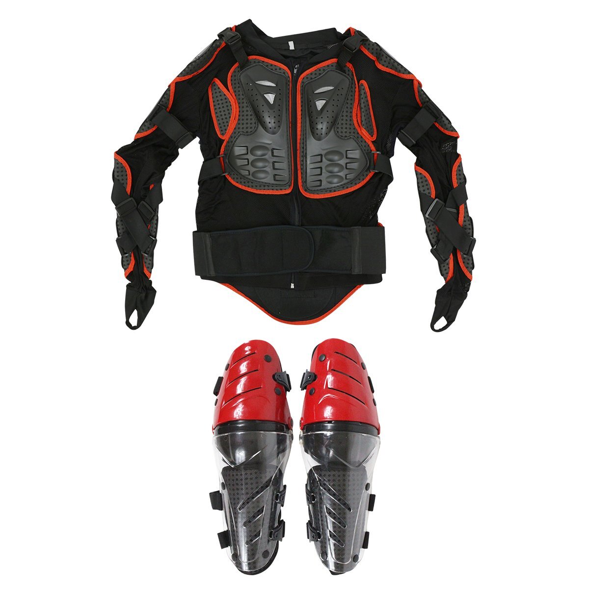 『セット4』バイクウェア ボディープロテクターセット XXLサイズ 長袖プロテクター(レッド)＆ニールガード(レッド) 膝當(dāng)て ひざ インナー