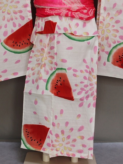 女の子 仕立済浴衣 G2352-SP100 送料無料 単品 女児用のゆかた 腰ひも付 スイカの柄 サイズ100