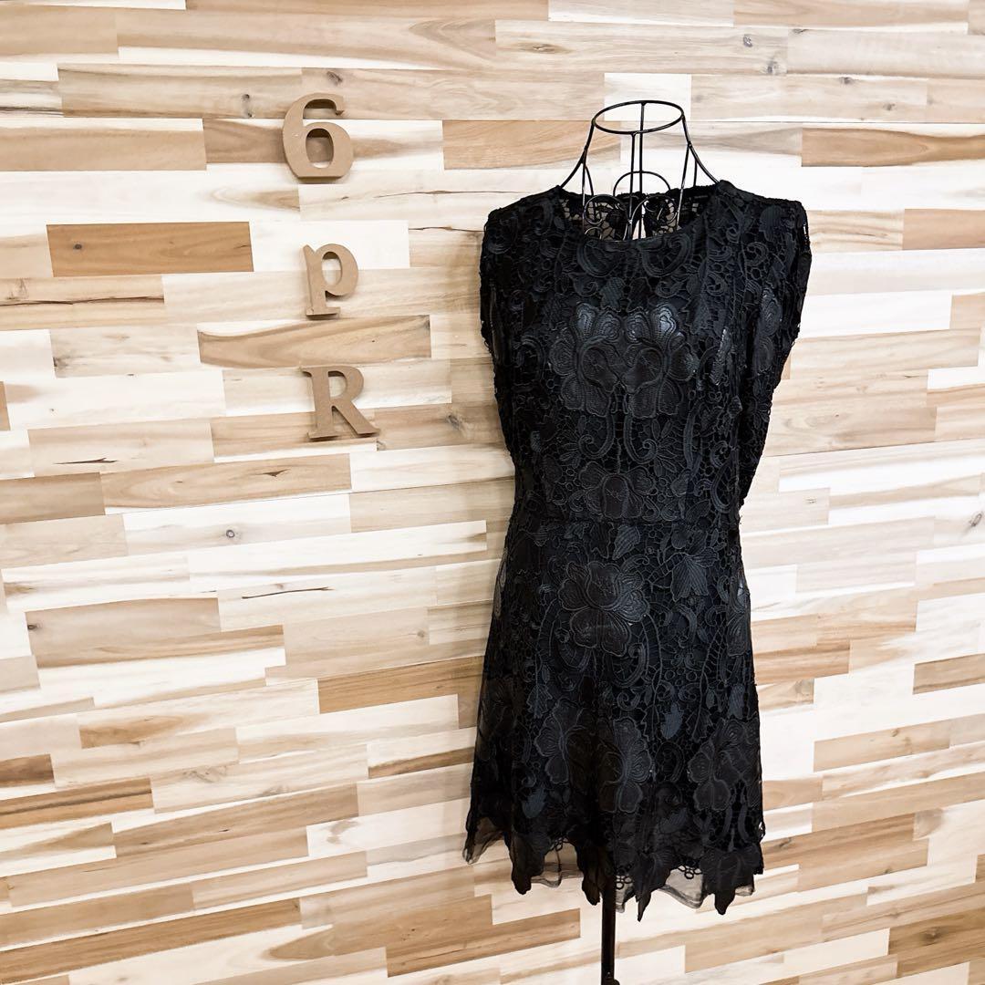 【ザラ】フェイク レザー ボタニカル レース チュール ワンピース L黒ブラック【HFby6PR】レディース・洋服・春夏【U9K7V9C】_画像1
