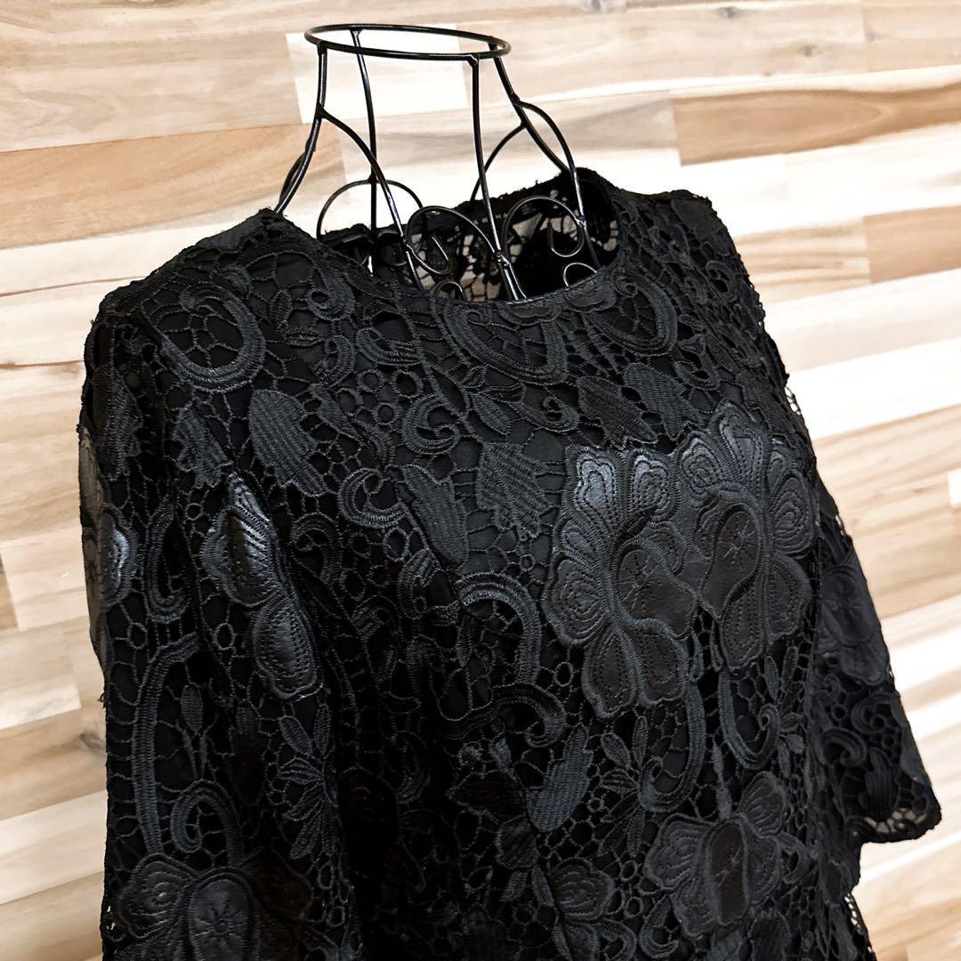 【ザラ】フェイク レザー ボタニカル レース チュール ワンピース L黒ブラック【HFby6PR】レディース・洋服・春夏【U9K7V9C】_画像3