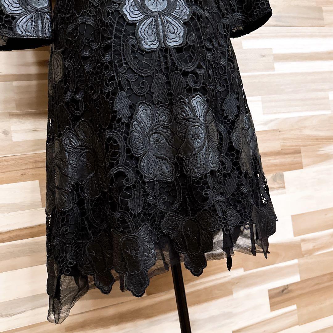 【ザラ】フェイク レザー ボタニカル レース チュール ワンピース L黒ブラック【HFby6PR】レディース・洋服・春夏【U9K7V9C】_画像4