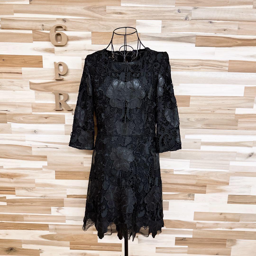 【ザラ】フェイク レザー ボタニカル レース チュール ワンピース L黒ブラック【HFby6PR】レディース・洋服・春夏【U9K7V9C】_画像5