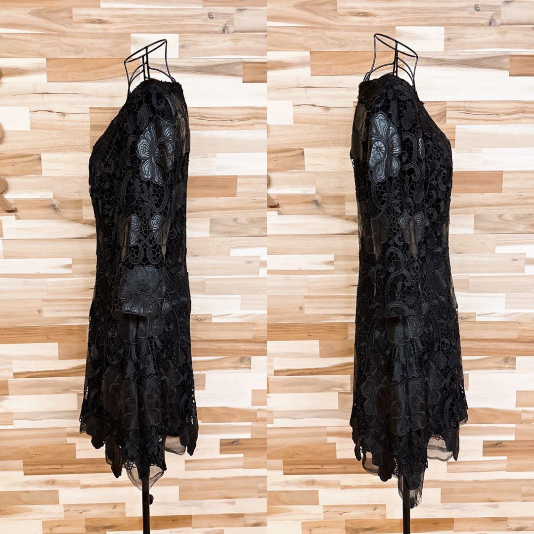 【ザラ】フェイク レザー ボタニカル レース チュール ワンピース L黒ブラック【HFby6PR】レディース・洋服・春夏【U9K7V9C】_画像6