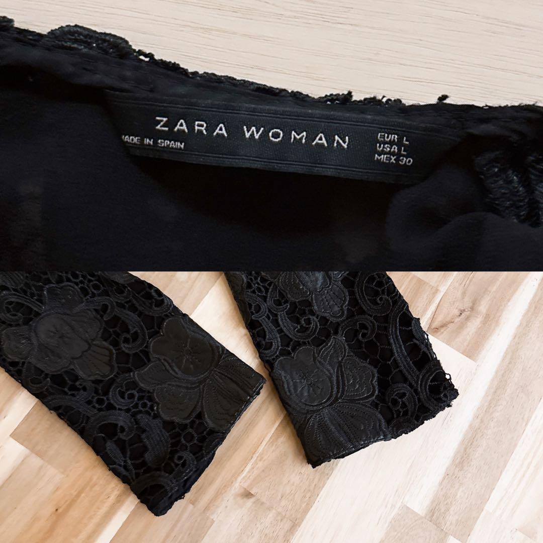 【ザラ】フェイク レザー ボタニカル レース チュール ワンピース L黒ブラック【HFby6PR】レディース・洋服・春夏【U9K7V9C】_画像9