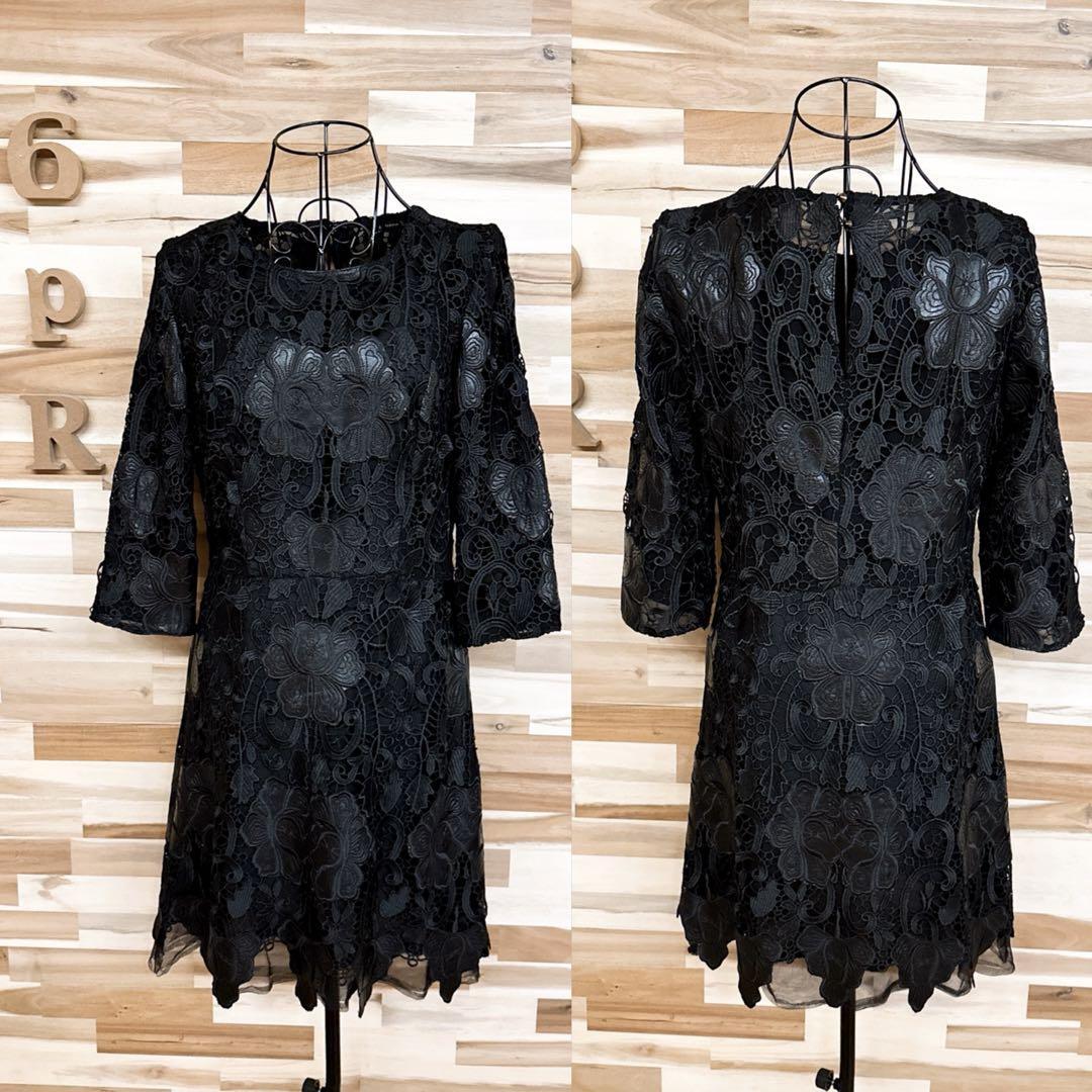 【ザラ】フェイク レザー ボタニカル レース チュール ワンピース L黒ブラック【HFby6PR】レディース・洋服・春夏【U9K7V9C】_画像10