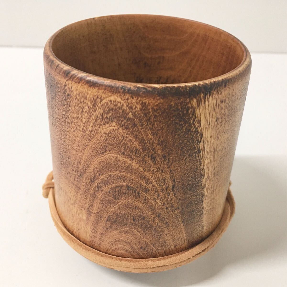 【未使用】NODATE Mug ノダテマグ 木制 円筒形 マグカップ コップ 革ストラップ付き ブラウン キャンプ アウトドア用品