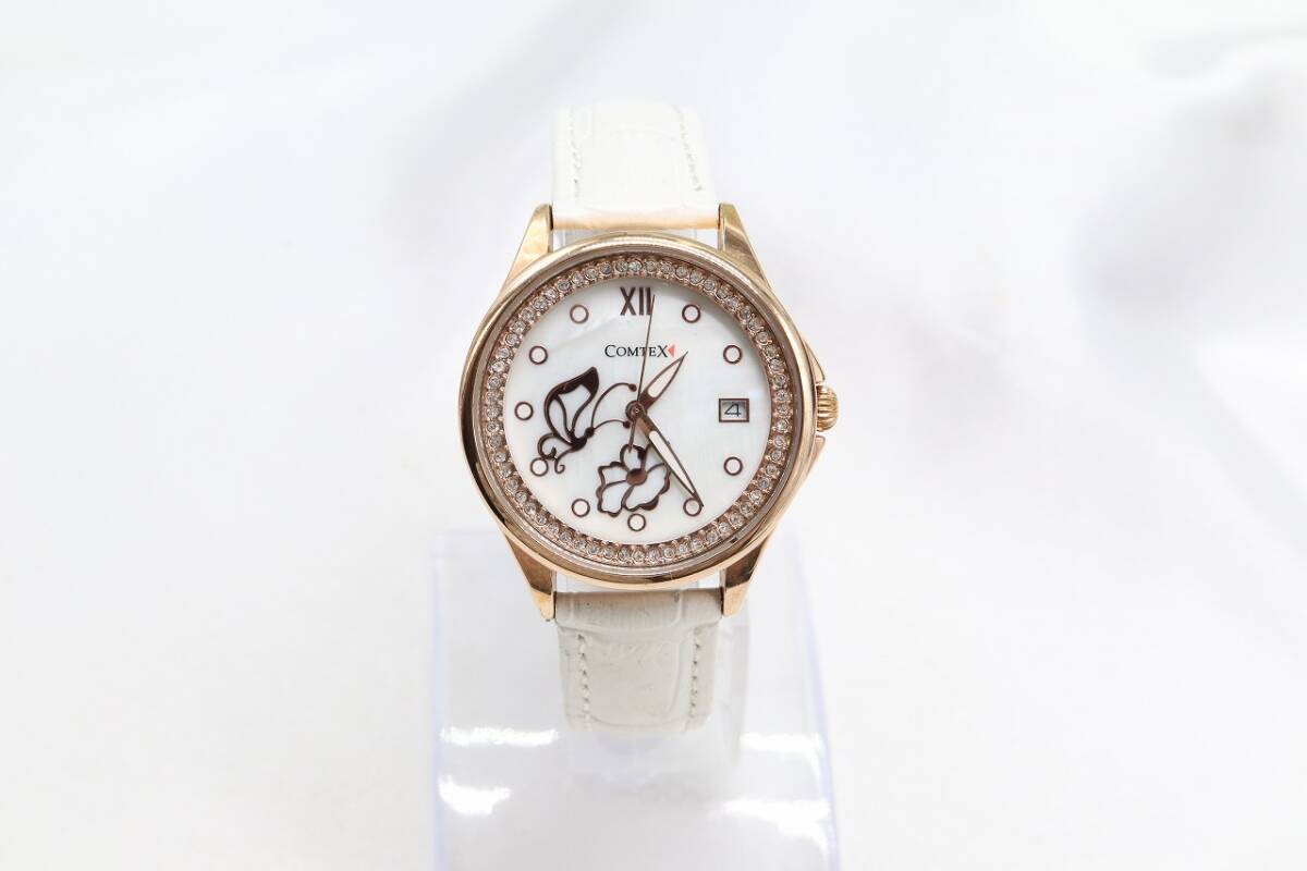 [W248-178] рабочий товар батарейка заменен COMTEX Comtec s Date стразы наручные часы C.143.21.092303 кожа ремень женский 