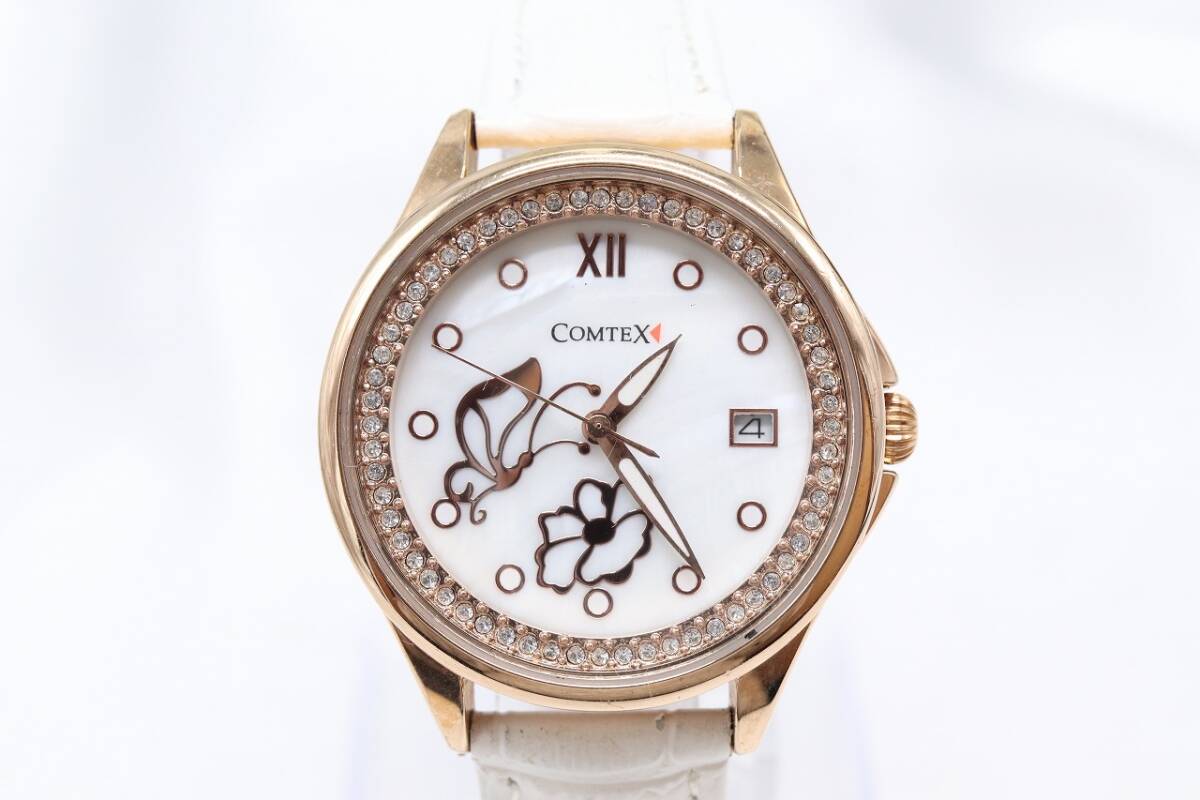 [W248-178] рабочий товар батарейка заменен COMTEX Comtec s Date стразы наручные часы C.143.21.092303 кожа ремень женский 