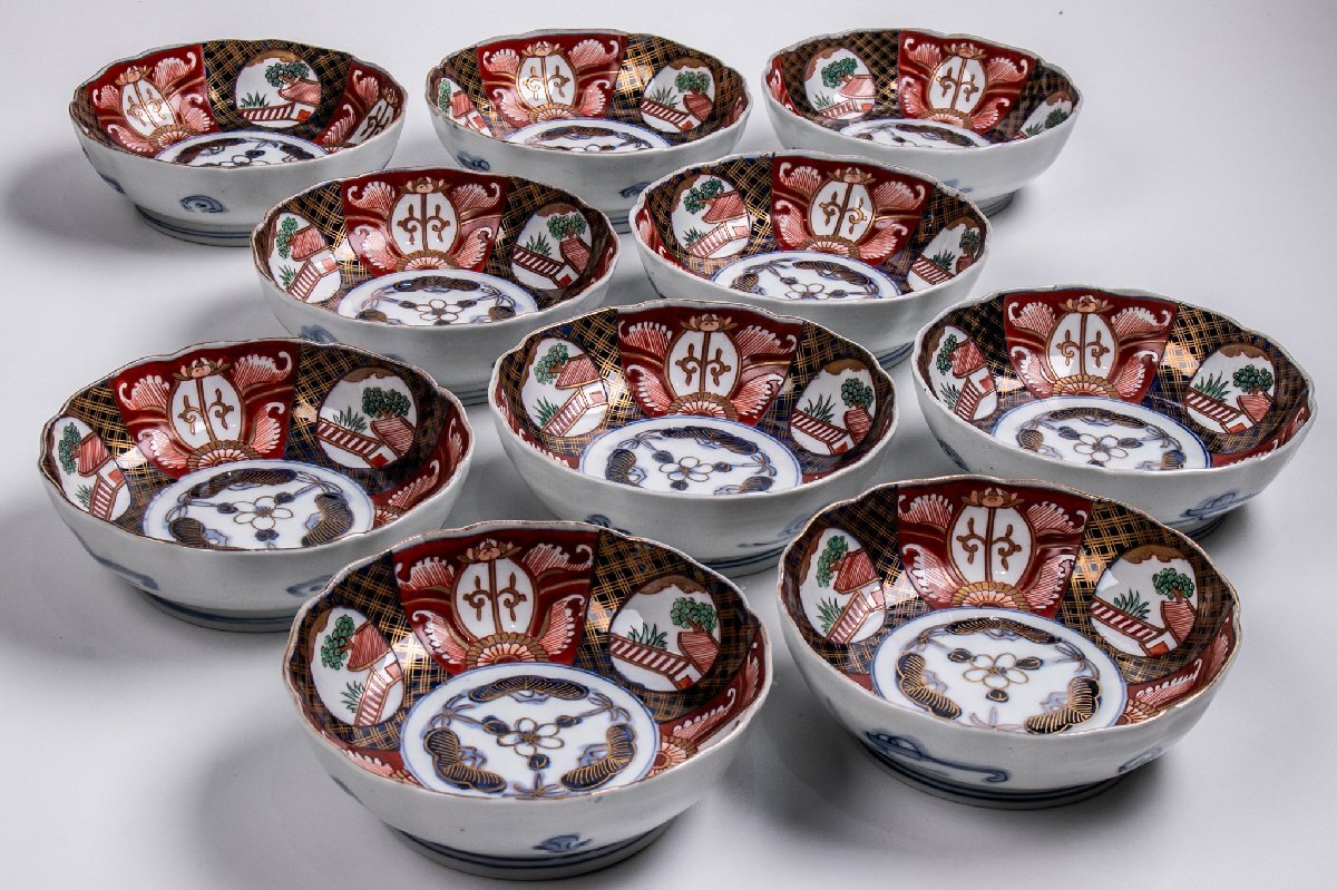 【うつわ】 古伊万里 染錦三友文なます皿 10客 明治時代 E1958A バラ売り可能です 骨董 古玩 唐物 茶道具 日本料理 料亭 懐石