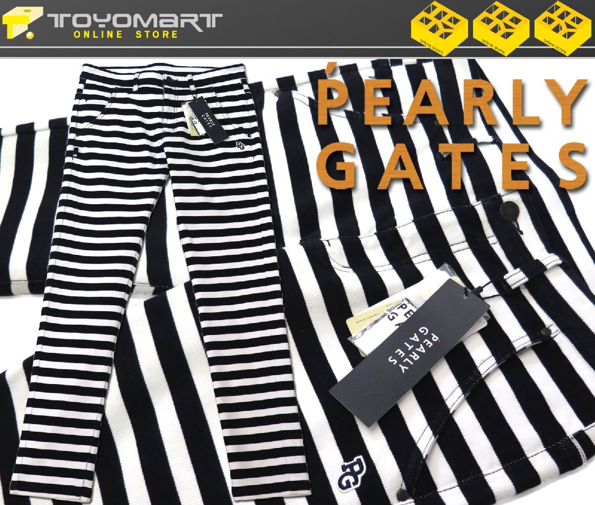 G284● PEARLY GATES パーリーゲイツ ●新品 【 パワフルコットン 】 先染めボーダー柄 ストレッチ ロングパンツ　濃紺×白/S　定価30800円