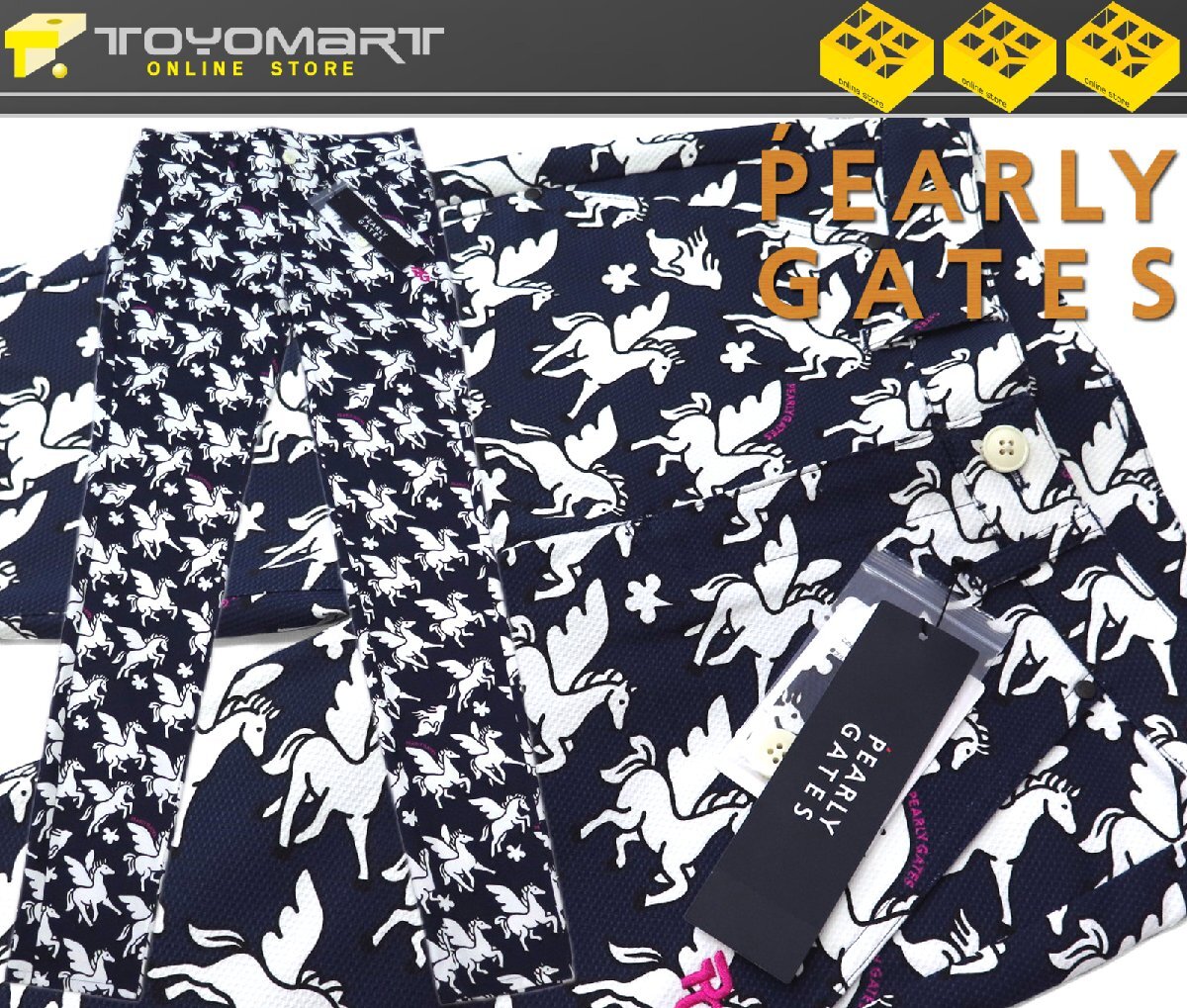 G375● PEARLY GATES パーリーゲイツ ●新品 【ペガサスプリント】 ドビーストレッチ レディースパンツ　ネイビー/SS　定価31900円