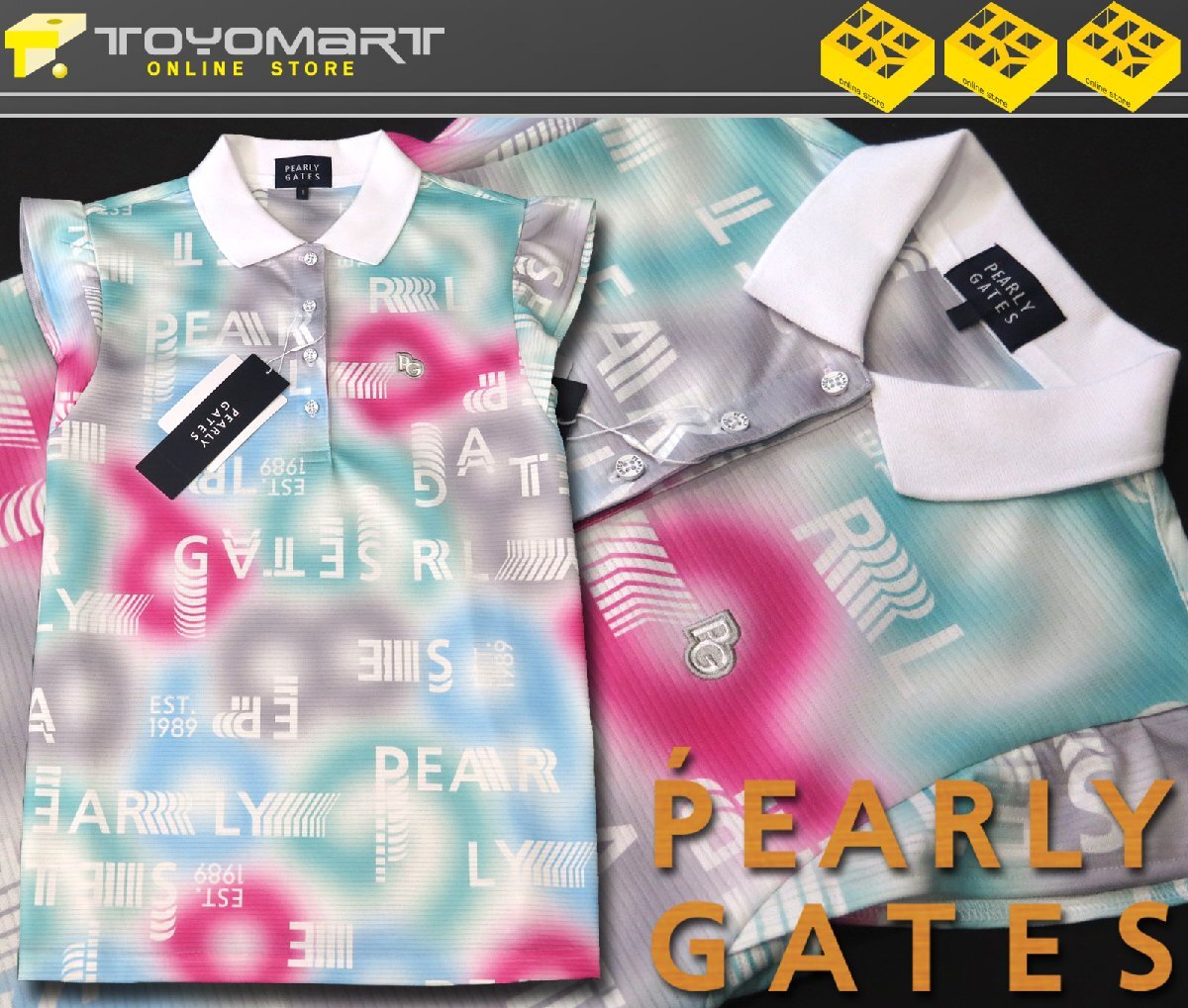 G008● PEARLY GATES パーリーゲイツ ●新品 【 フリルスリーブ 】 ロゴグラデーション柄 半袖ポロシャツ　カラフル/M　定価22000円