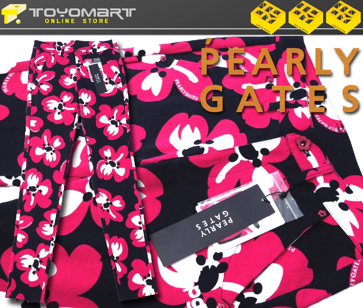 G055● PEARLY GATES パーリーゲイツ ●新品 【POP 桜プリント】 カツラギ ストレッチ レディースパンツ　ネイビー/S　定価31900円